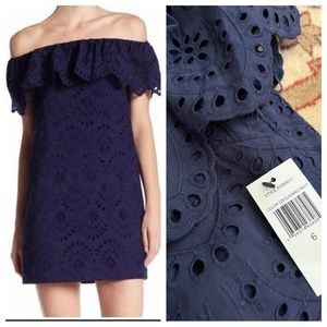 NWT Cynthia Steffe navy blue strapless eyelet embroidered dress mini lined 6